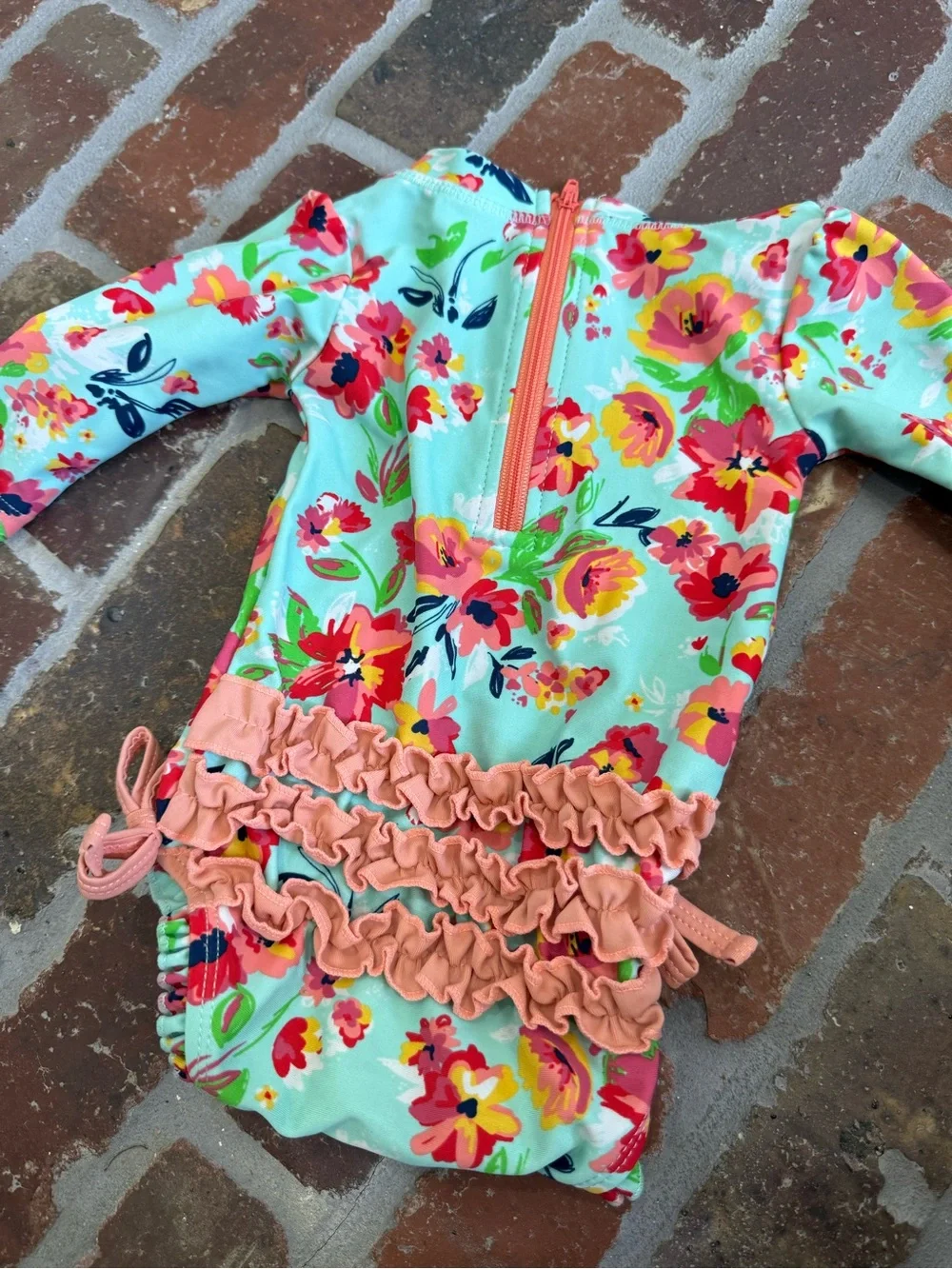 Ruffle Butts Mint Floral Long-Sleeve One-Piece with Coral Ties